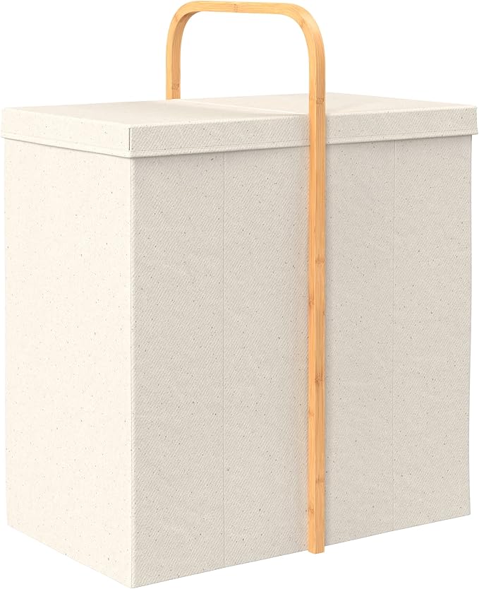 ClosetMaid Laundry Hamper Basket, Foldable with Lid, Two Compartments, Bamboo Handle, Portable, Collapsible Design, Freestanding, Beige