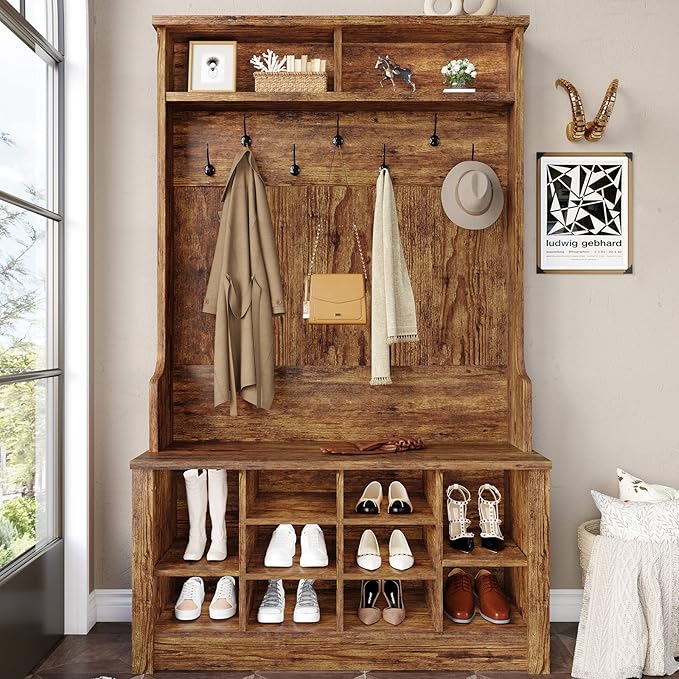 Itaar Hall Tree with Bench and Shoe Storage, Entryway Bench with Coat Rack, Shoe Cabinet with Coat Hooks, Rustic Brown