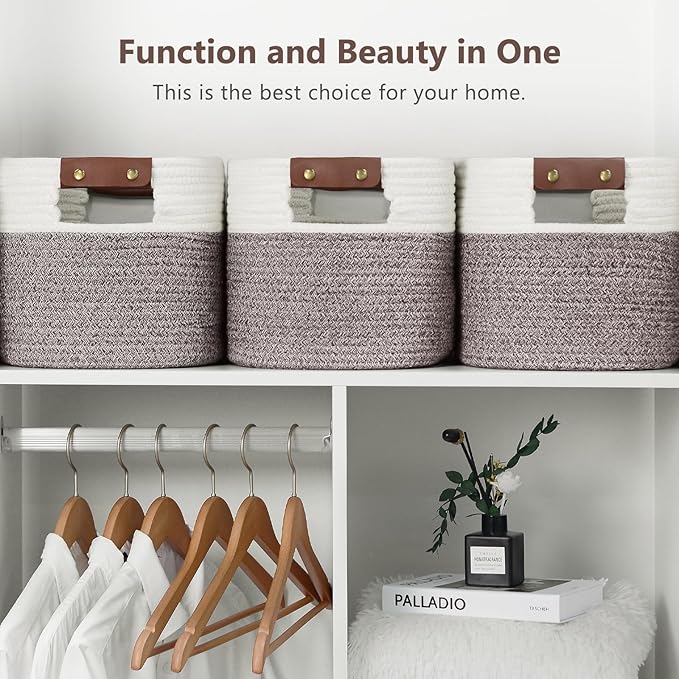 Cotton Rope Basket, Storage Baskets with Handle, 15x10x9 Inch Woven Basket for Shelves, Laundry, Towels, Clothes, Books (White Brown 3 Pack)