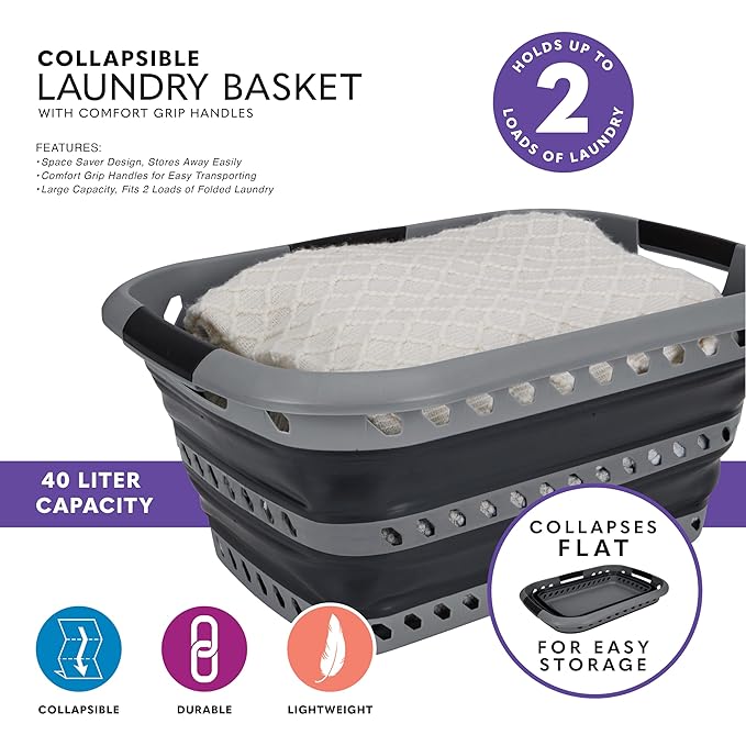 Collapsible Laundry Basket | Portable | Space Saver Storage | Hold 2 Loads | Store Under the Bed or Closet | Good for Kids | Dorm | Bedroom | Large | Grey/Black
