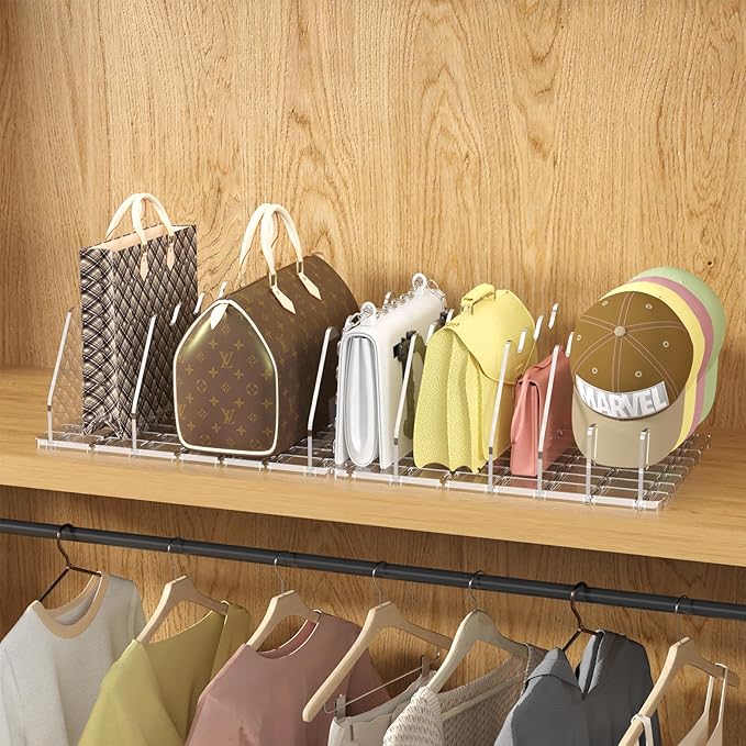 purse organizer for closet Sleek Transparent Acrylic Adjustable Organizer -shelf dividers Multifunctional for Home & Office Spaces (8 Baffles + 1 Hat Stand (Clear, 8+2)