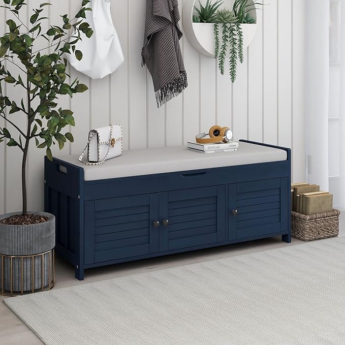 SOFTSEA Upholstered Storage Bench, Entryway Shoe Bench with Removable Cushion and Hidden Storage, Wooden Storage Ottoman with 3 Shutter-Shaped Doors for Entryway, Living Room, Bedroom, Blue