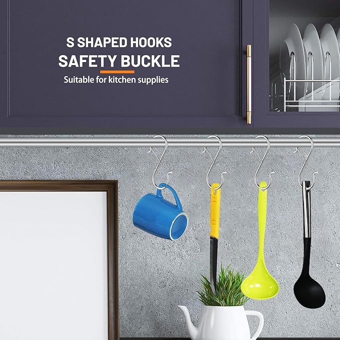 12 PCS S Hooks for Hanging with Safety Buckle, Metal S Shaped Hooks Fit for 0.5 Inch Rod Diamater, for Kitchen Utensil, Cups, Pots, Plants, Bags, Hats (Silver)