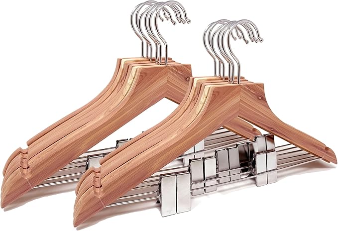 Cedar Elements Flat Top Cedar Hangers – French Style 12 Pack for Adult Size (with Metal Clips for Pant Skirt Hanging)