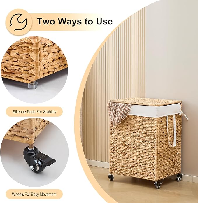 2-Section Laundry Hamper with Lid, Large Capacity Woven Natural Water Hyacinth Laundry Sorter with Removable Liners, Rolling or Non-Slip Design for Bedroom(Natural, 100L)