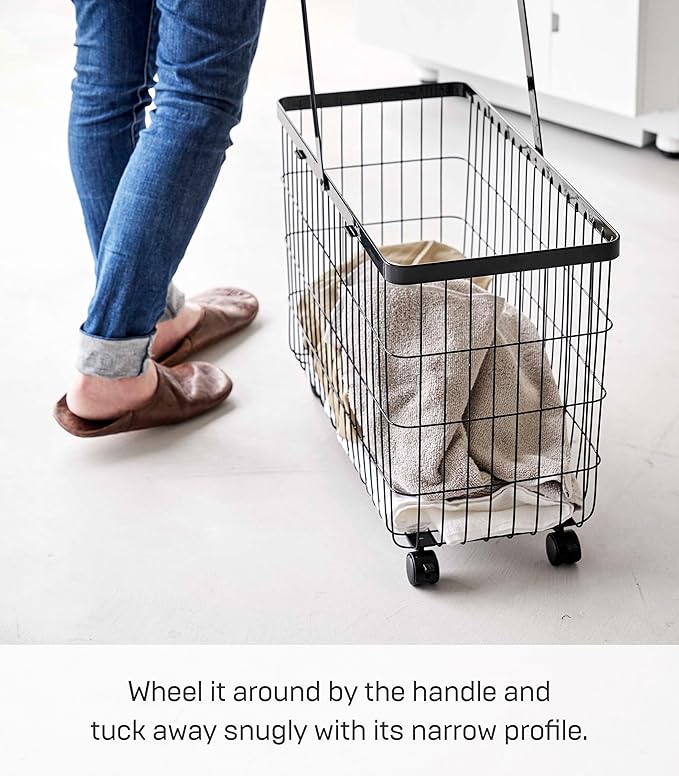 Yamazaki Home Tower Small Rolling Laundry Basket Metal Hamper Cart With Wheels And Handle, 14.8" - Steel - 9.8 Gallons, 35 Liters