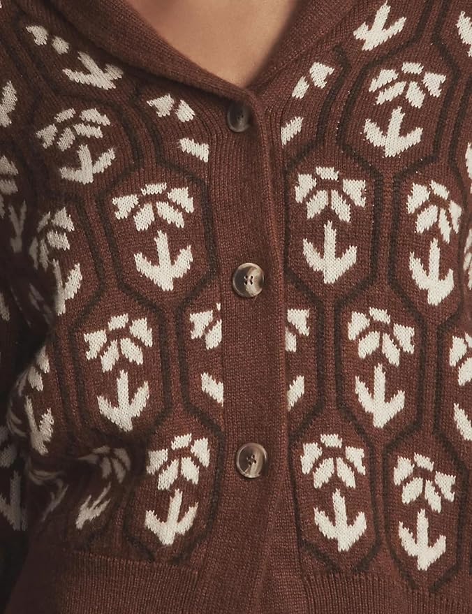 Women Floral Cropped Cardigan Sweaters Shawl Collar Long Sleeve Button Down Knit Jacket Flower Print Knitwear