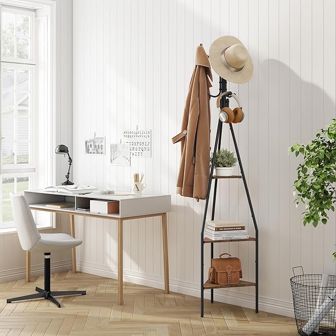 Hoctieon 3-Tier Coat Rack Freestanding with Hooks, Industrial Coat Tree Freestanding, Mordern Coat Racks Free Standing with Shelf, Coat Rack with Storage for Clothes, Hats, Bags