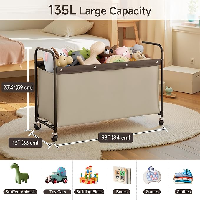 StorageWorks Toy Chest Storage with Wheels, Extra Large Kids Toy Box, Toy Storage Organizer, Metal Toybox for Bedroom, Living Room Area, Kids Room, 135L, Light Khaki