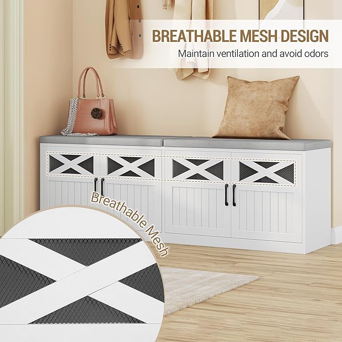 2 Tier Shoe Storage Bench with Doors, 59" Farmhouse Shoe Bench with Padded Cushion, 12-16 Pairs of Bed End Bench, Entryway Bench with Storage for Bedroom, Living Room, White SB61503X
