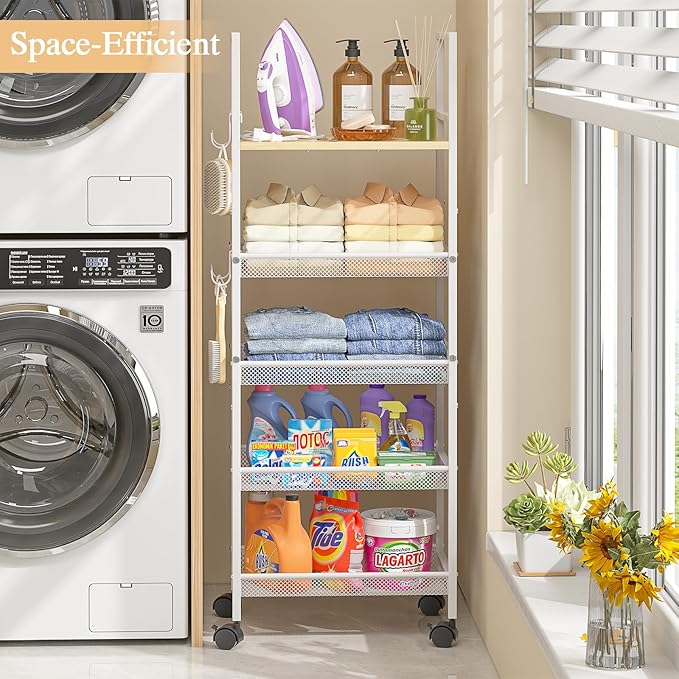 5-Tier Bathroom Storage Shelf, Mobile Metal Free Standing Shelving Unit with Wheels, Towel Rack Organizer with M-Shaped Detachable Dividers & 4 S-Hooks, Rolling Cart for Bathroom Laundry Kitchen,White