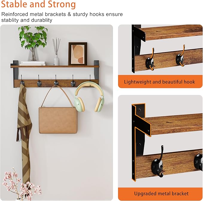 Coat Rack with Wall Mount, 23 Inch Long Entryway Wall Shelf with Hooks, Wood Hanger with Storage Shelf for Bathroom, Hallway, Rustic Brown