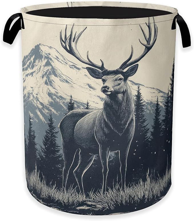 Collapsible Laundry Basket,Vintage Forest Deer Dirty Clothes Hamper,Snow Mountain Hampers for Bedroom Waterproof Oxford Cloth Storage Organizer for Bathroom,Nursery,Dorm,16x20 Inch