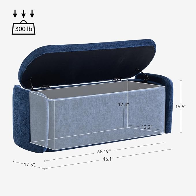 VKNOW Oval Storage Ottoman Bench, 46" Upholstered End of Bed Bench Ottomans Bench Foot Rest, Sherpa Storage Bench for Bedroom, Living Room and Hallway, Navy