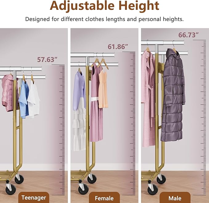Hoctieon 2-Minute Assembly Double Rod Clothes Rack, Heavy Duty Rolling Clothing Racks with Wheels, Foldable Commercial Garment Rack, Extendable Hanging Bar, Adjustable Metal Pole with Hooks, Gold
