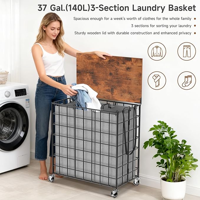 Laundry Basket with Wheels, Heavy Duty Laundry Sorter 3 Sections, 140L (37Gal.) Large Capacity Laundry Hamper with Wood Lid, 360 Rolling Wheels, Extra Side Pocket, Leather Pull Handle (Grey)