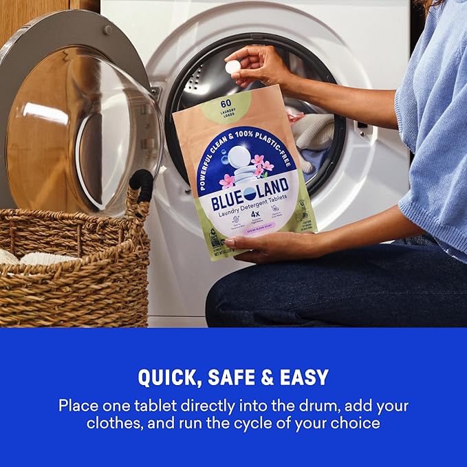 BLUELAND Laundry Detergent Tablets, Starter Set, Spring Bloom Scent, 60 Count with Tin, Plastic-Free Eco-Friendly Pods, Sheets, Liquid Alternative - Natural, Gentle