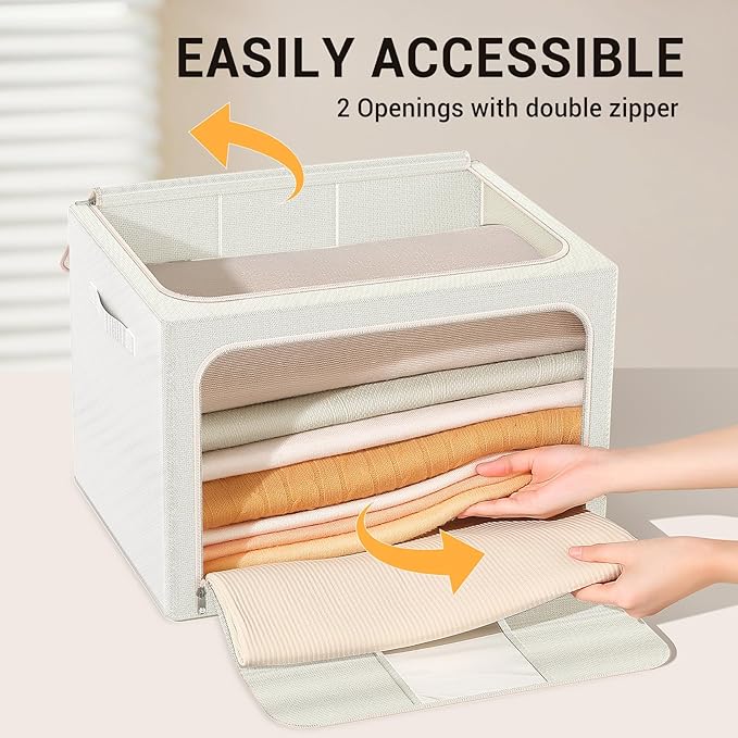 Clothes Storage Bins with Metal Frame Foldable Storage Box Clothes Organizers Storage Containers for Clothes Sheets Blankets Books Toys Gifts and Holiday Decorations (24Lx3 Pack) Beige