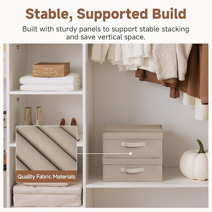 StorageWorks Small Storage Boxes with Lids, Stackable Fabric Storage Bins with Handles, Storage Baksets for Closet, Shelves, 15" x11¼x 6¼", Light Brown, 2-Pack
