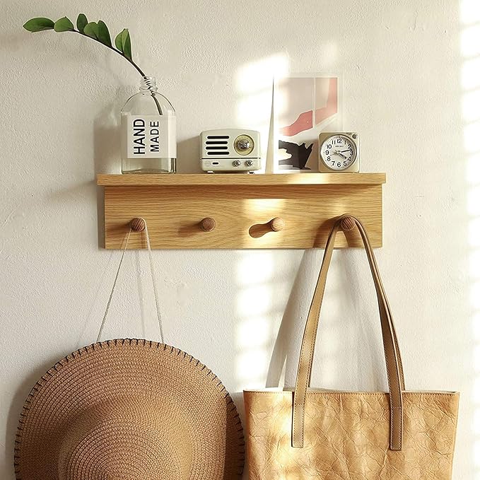 Entrance Coat Rack ，Coat Hooks, Wall-Mounted Wooden Hook Rack, Wall-Mounted Shelves are Very Suitable (Oak Color Finish—A-2)