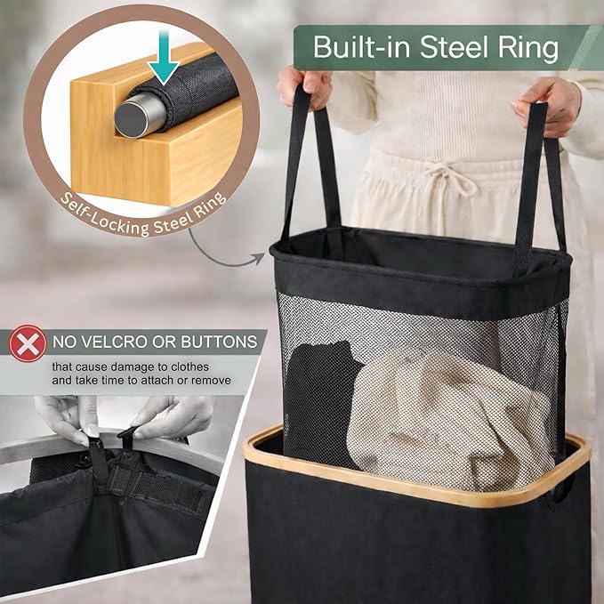 Slim Laundry Hamper with Lid, 60L Capacity, Bamboo Handles, and Steel Ring Removable Inner Bag - Collapsible Clothes Basket Laundry Organizer for Bedroom, Bathroom, Dorm, Black