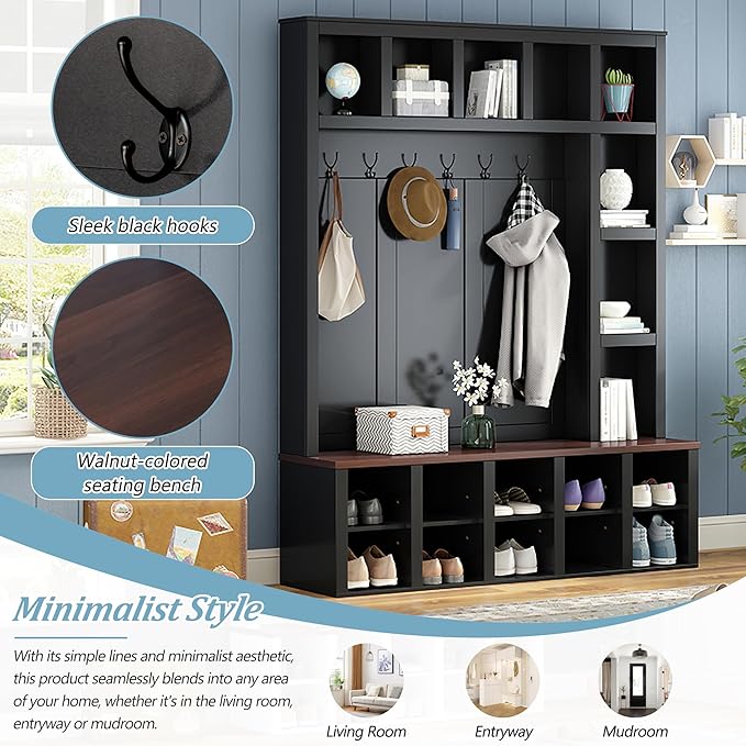Farmhouse Entryway Bench with Coat Rack, Wooden Hall Tree with 6 Hooks, Walnut Storage Bench with Adjustable Shelves, 4-in-1 Entryway Shoe Cabinet with 13 Cubbies for Mudroom
