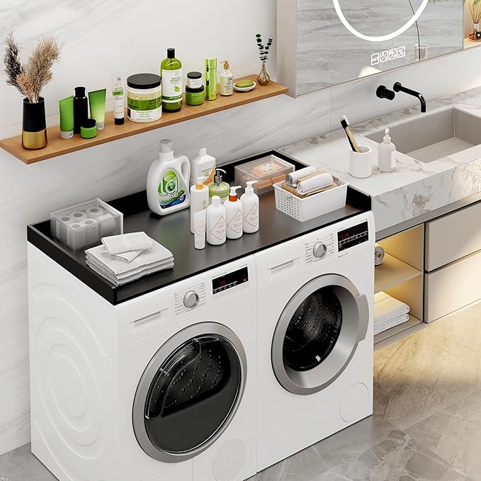 efluky Washer Dryer Countertop, Wood Countertop with Edge Rails for Laundry Room Organization and Storage, Washer Dryer Topper for Laundry Room, 27.5" x 54" Black
