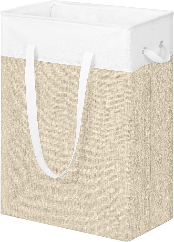 Stero Fabric Laundry Hamper, 75L Large Laundry Basket with Handles, Collapsible Dirty Clothes Hamper for Laundry Dorm, Bedroom, Bathroom, White&Beige