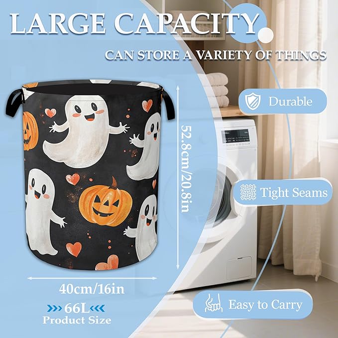 Halloween Ghost Pumpkin Laundry Basket Collapsible Laundry Hamper Clothes Toy Storage Bin for Bathroom Bedroom Room Decor 16" X 20.8"