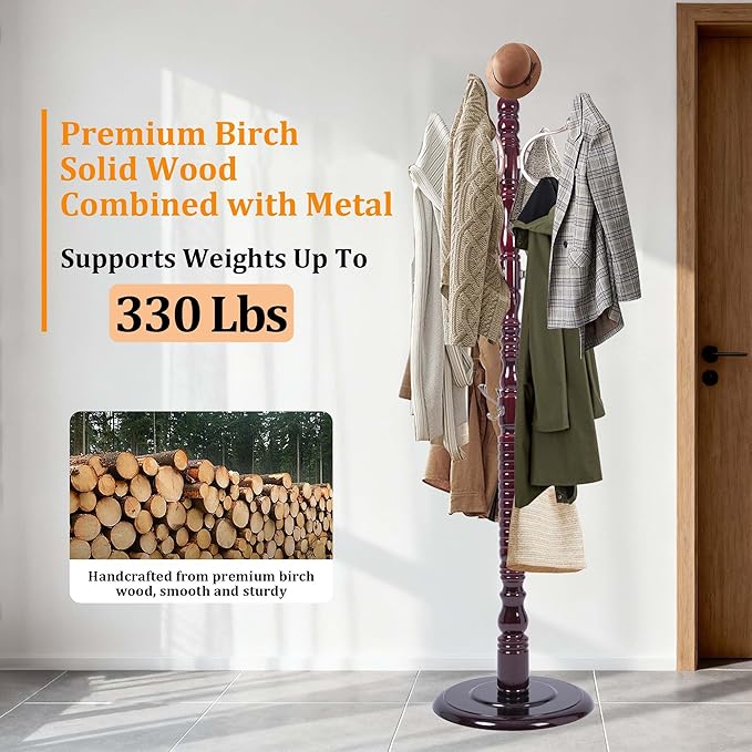 Wooden Coat Rack Freestanding with Metal Hooks, Coat Hanger Stand Coat Tree with Adjustable Height 47’’-72.8’’, Modern Coat Rack for Entrance, Office, Living Room, Bedroom, Corridor