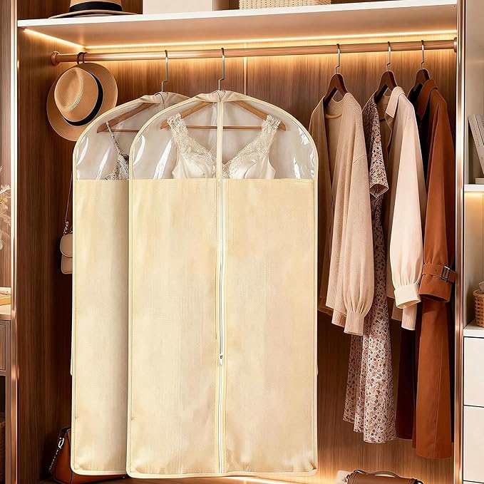 2 Pack 24 x 60 Inches Cotton Garment Bags for Hanging Clothes, Breathable Garment Bags for Long Dress, Fur Coat, Jacket, Gown, Suit, Garments Covers with Clear Window
