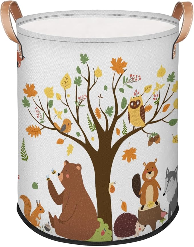 Kids Laundry Hamper Dirty Clothes Basket 18" Collapsible Polyester Sturdy & Lightweight Fall Animals Storage Bin with Handles for Bedroom Bathroom Living Room