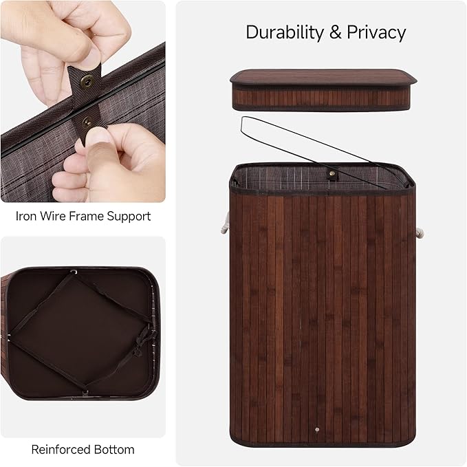 StorageWorks Laundry Hamper with Lid, Foldable Bamboo Laundry Basket, Clothes Hamper with Handles, Organizer and Storage for Laundry Room, Bedroom, Dorm, Brown