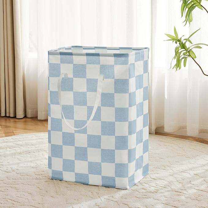 Checkered Laundry Hamper, Pack of 2, Large Pastel Blue Collapsible Cloth Hampers Basket for Storage Organization Cute Aesthetic, 2 x 75L