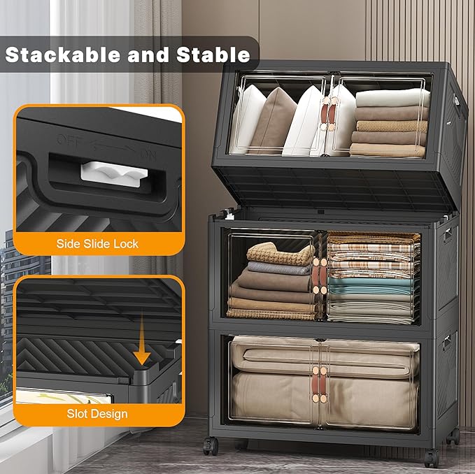 Extra Large Stackable Storage Bins with Lids & Wheels & Door, 896QT-112QT/28GAL*8Pack Foldable Collapsible Closet Organizers, Plastic containers drawers for bedroom Dorm