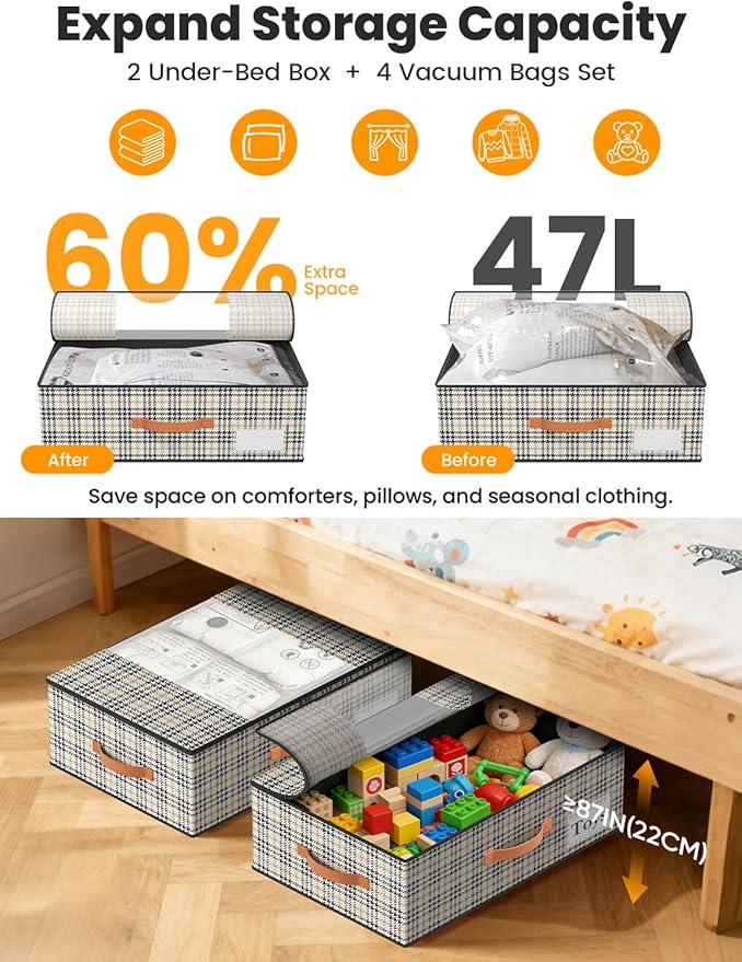 TOSKING 2-Pack Under Bed Storage with Wheels and 4 Vacuum Seal Bags, 7.9 Inch 47L Clear Lid Organizer, Space Saving for Bedding Blankets Clothes ShoesToys, Quick Assembly,Houndstooth