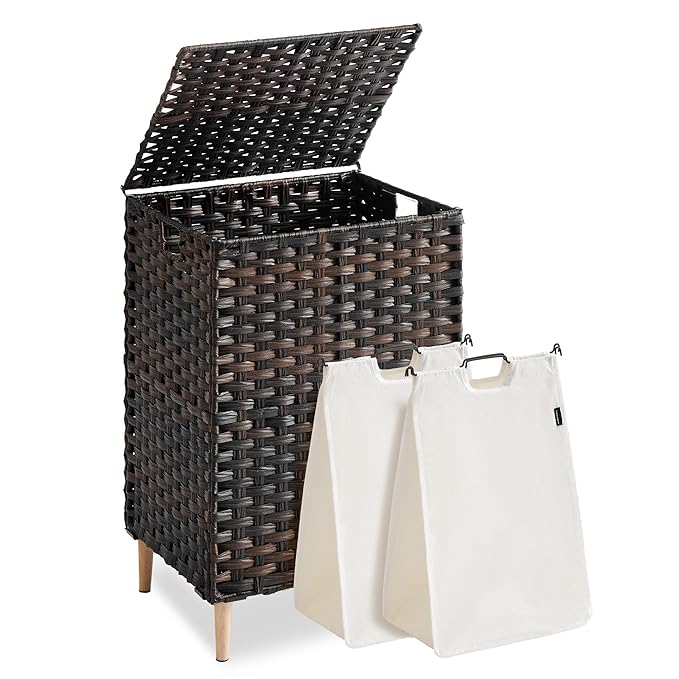 SONGMICS Laundry Hamper with Lid, 29 Gal. (110 L) PE Rattan Laundry Basket with Lid and Handles, Natural Material,Removable Machine Washable Liner, Chestnut Brown ULCB222ME01
