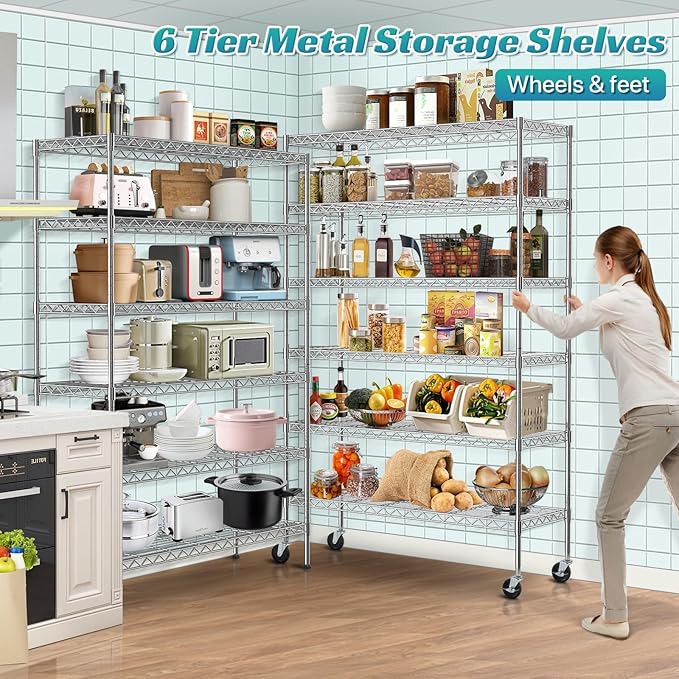 6-Tier Heavy Duty Wire Shelving Unit with Wheels or Leveling Feet, 6000 LBS Total Capacity, Adjustable Metal Storage Rack for Garage, Pantry, Kitchen, Basement, 48" W x 18" D x 76" H, Chrome