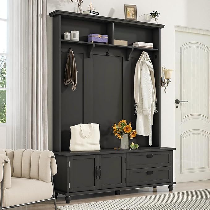 80.3” Tall Hall Tree with Cabinet and 2 Large Drawers, Modern Wooden Coat Hanger with 5 Coat Hooks and 2 Open Shelfs, Storage Bench, Entryway Bench (Black-Storage Cabinet)