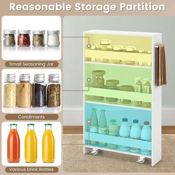 4-Tier Slim Rolling Storage Cart, Wooden Kitchen Utility Cart with Wheels & Handle, Space Saving Trolley, Slide Out Shelving Unit for Narrow Spaces, Laundry, Bathroom (White)