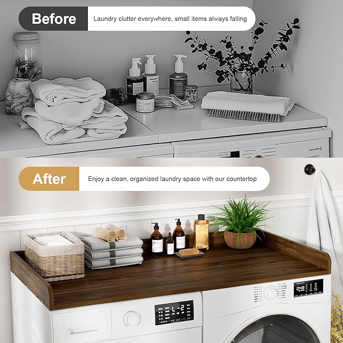 Washer Dryer Countertop, 27.5 x 54 Inch Washer and Dryer Countertop for Laundry Room Organization with Edge Wooden, Walnut
