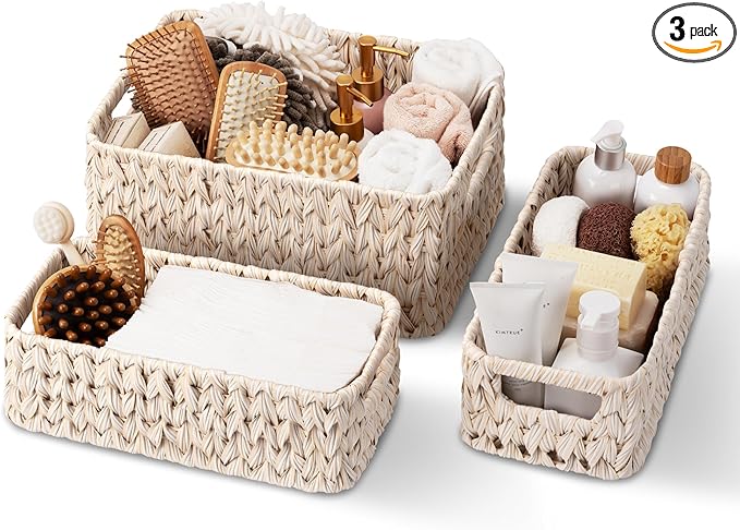 GRANNY SAYS Wicker Baskets for Organizing, Wicker Storage Basket for Shelf, Woven Baskets Oraganizer, Waterproof Vanity Basket for Towel, Home Organization, 3-Pack