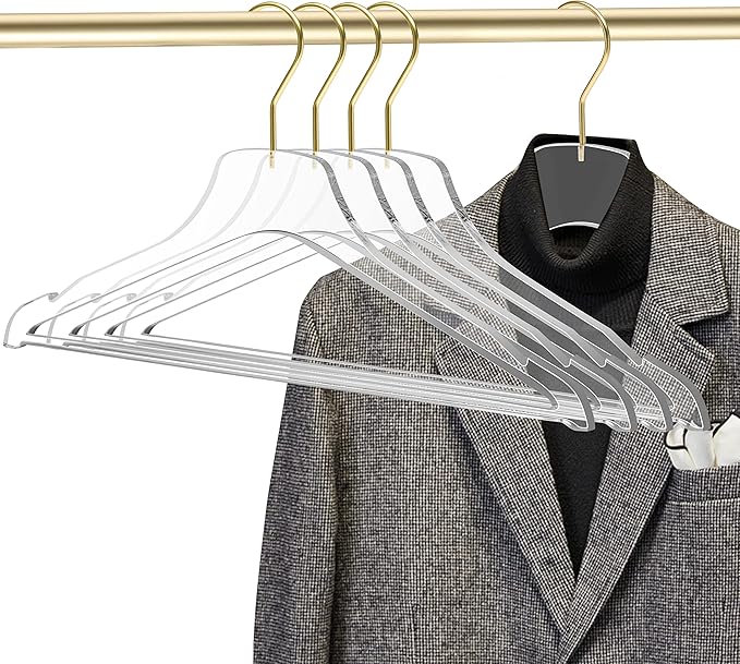 Quality Acrylic Clear Lucite Hangers 20-Pack with Bar Matte Gold Hanging Hooks for Clothes, Pants, Suit Jackets, Coats, and Shirts, Closet and Wardrobe Organization (Matte Gold Hook, 20)