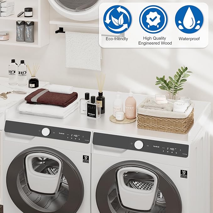 efluky Washer Dryer Countertop, Wood Countertop with Edge Rails for Laundry Room Organization and Storage, Washer Dryer Topper for Laundry Room, 27.5" x 54" White