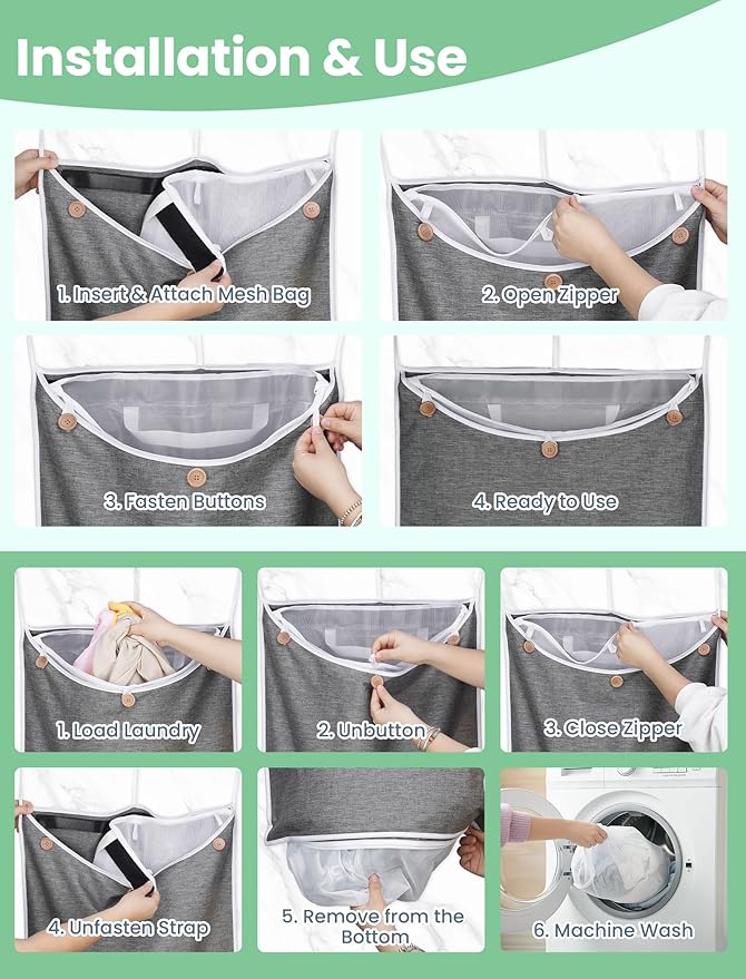 NiHome XL Hanging Laundry Hamper(39.4" x 22.4"), 2-in-1 Laundry System with Delicates Bag, Durable Water-Resistant Fabric, Includes 3 Door and 3 Wall Hooks