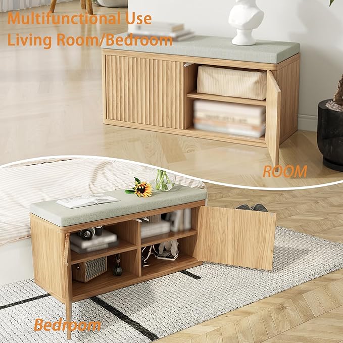 Double Layered Shoe Cabinet with Bench,Wooden Shoe Bench with Soft Cushion,Double Door without Handle Pressing Spring,Fluted Panel,Suitable for Entrance,Corridor and Living Room (Shoe Bench-Light Oak)