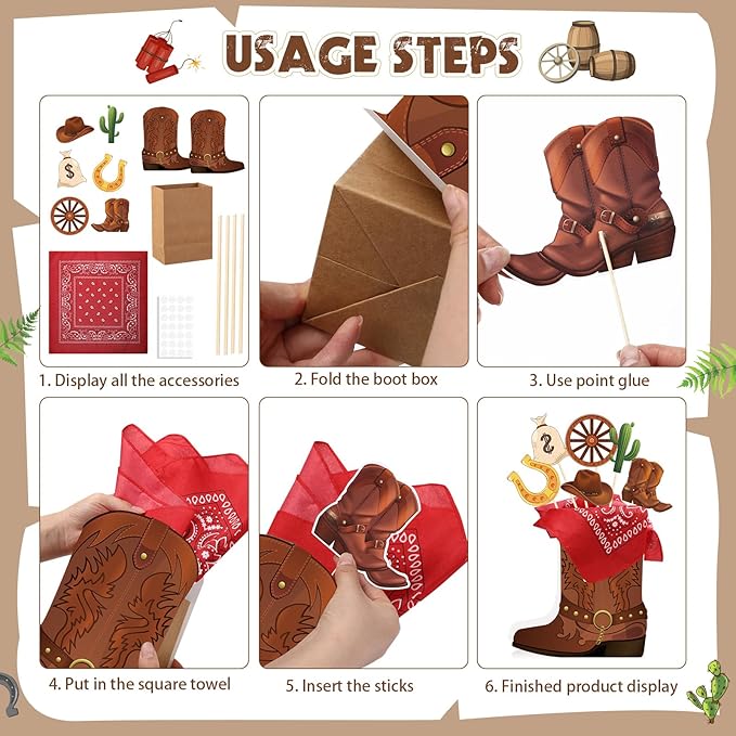 8 Sets 129 Pcs Cowboy Western Party Centerpieces - Brown Paper & Wooden Stick Cutouts with Cowboy Boots Shaped Boxes for Western Party Decor
