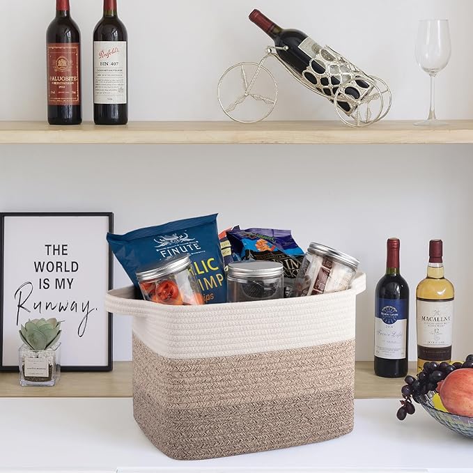 OIAHOMY Woven Storage Basket for Shelves, Rectangle Cotton Rope Baskets for Organizing, 13 x 10 x 9 in, Storage Bins for Dog Toys,Towel,Books,Gift, Gradient Brown
