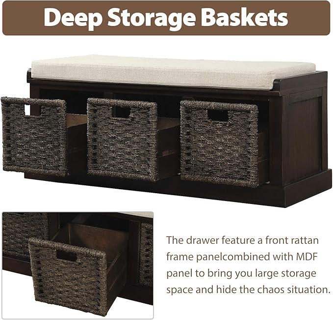 Merax Rustic Entryway Bench with Seat Cushion and 3 Rattan Basket Wood Storage Bench for Living Room Bedrooom Multipurpose Espresso