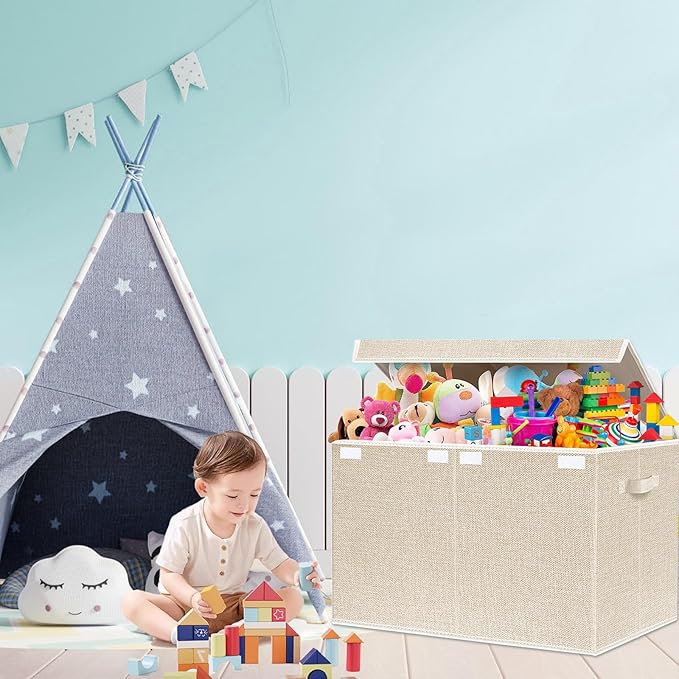 VERONLY Large Toy Box Chest Storage with Lid - Collapsible Kids Toys Boxes Organizer Bins Baskets with Handles for Boys, Girls, Nursery, Playroom, Clothes, Blanket, Bedroom(Beige)